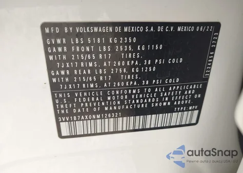 2022 Volkswagen Tiguan 2.0T S из США, поврежденный, VIN 3VV1B7AX0NM126321